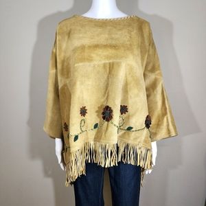 (EUC) VINTAGE Hand-made Floral Design Suede Leather Poncho